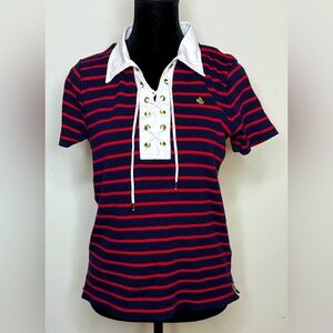 Ralph Lauren preppy nautical stripe lace up collar polo shirt medium EUC